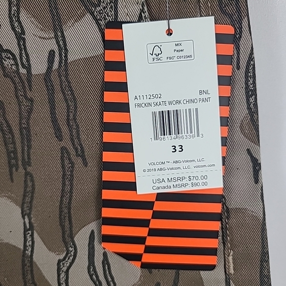 NWT Volcom Workwear Frickin Skate Work Chino Pants Camo Brindle 33x28 Retail $70 - Picture 3 of 9